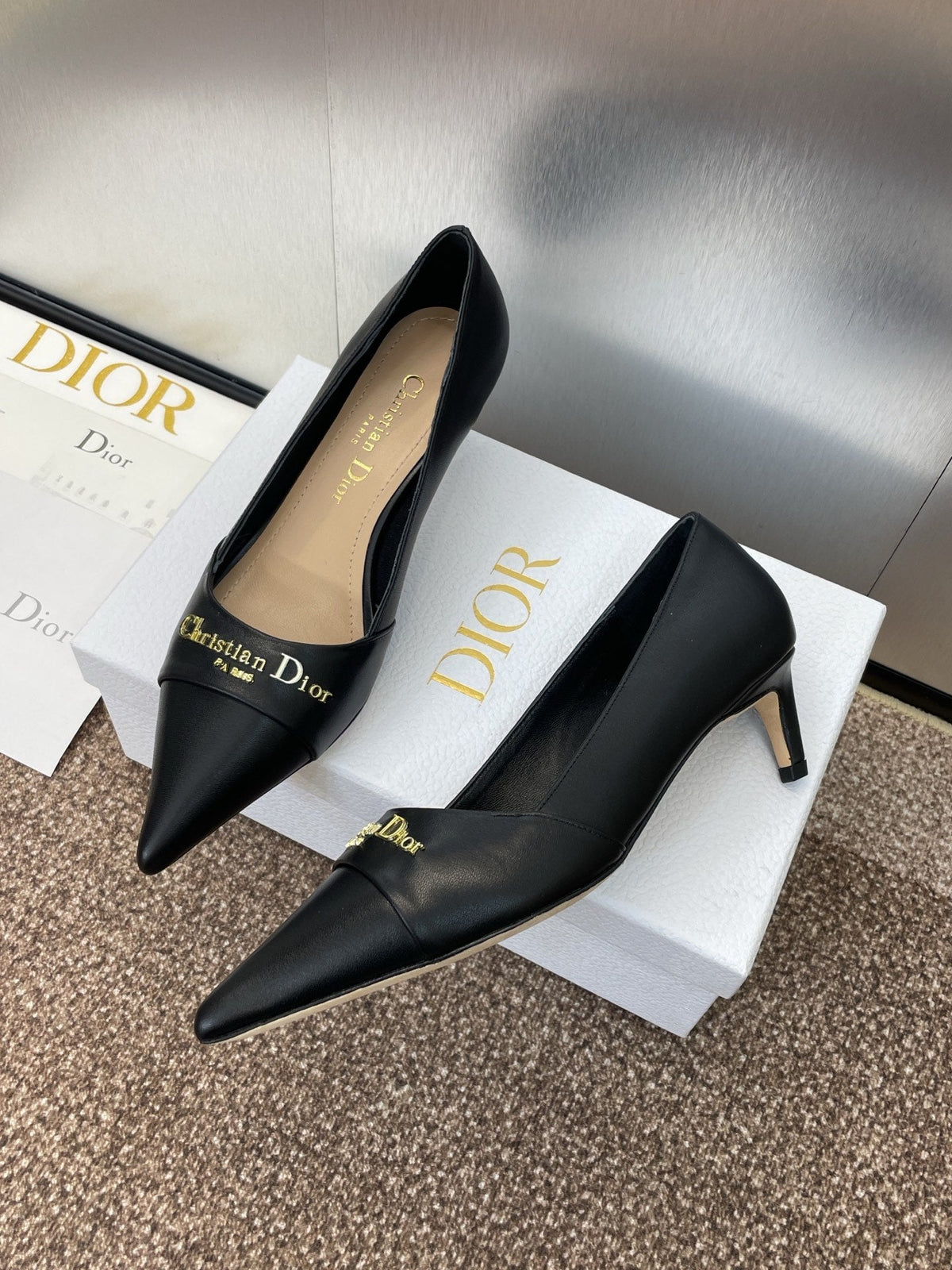 DIOR MY DD 25S HIGH HEEL 55MM IN BLACK CALFSKIN GOLD LOGO